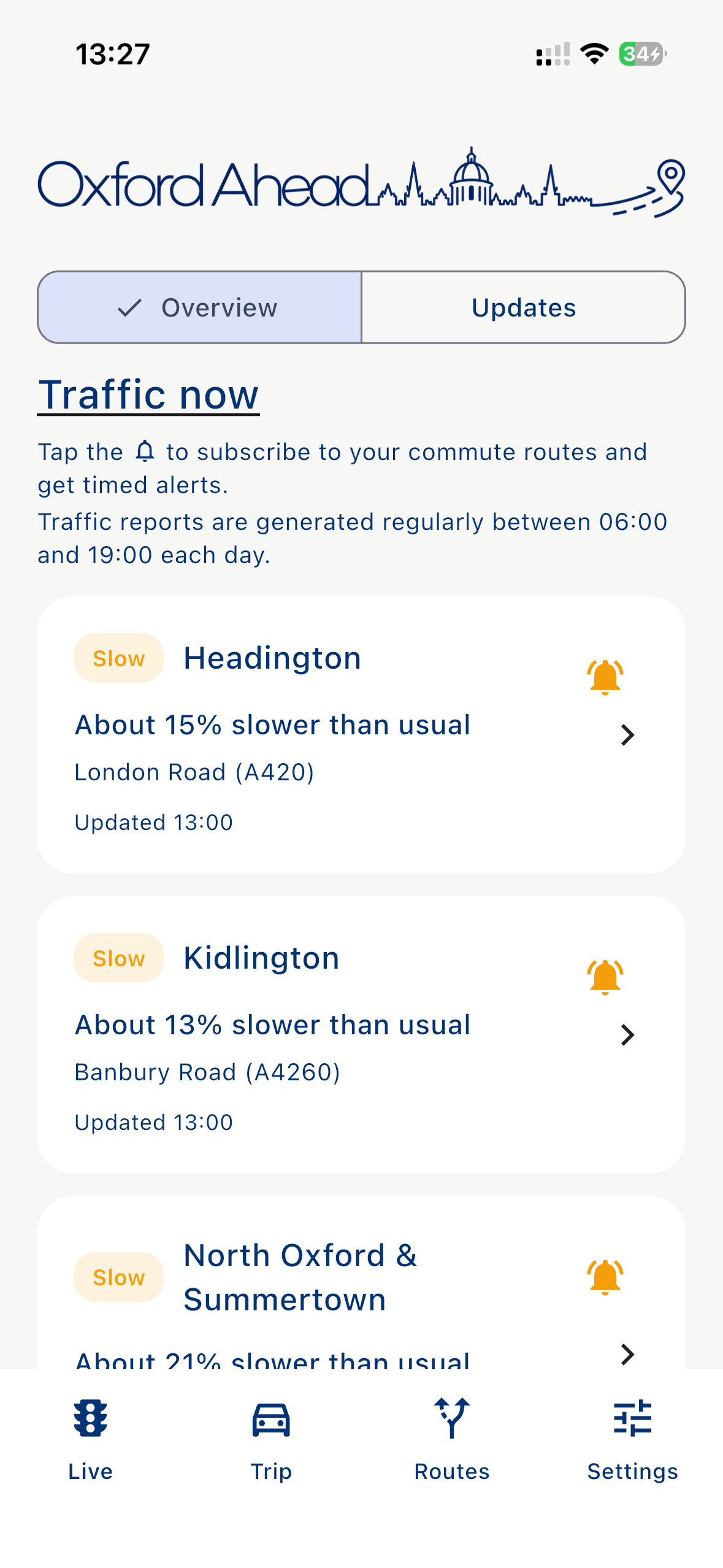 Oxford Ahead live traffic overview by area